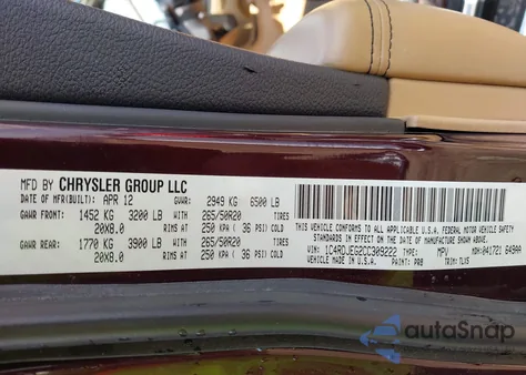 2012 Dodge Durango Citadel z USA, uszkodzony, nr VIN 1C4RDJEG2CC309222